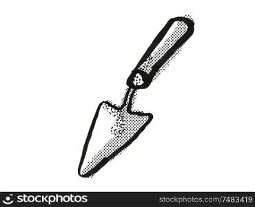 Retro cartoon style drawing of a hand trowel, a garden or gardening tool equipment on isolated white background done in black and white. Hand Trowel Garden Tool Cartoon Retro Drawing