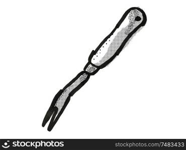 Retro cartoon style drawing of a hand weeder , a garden or gardening tool equipment on isolated white background done in black and white. Hand Weeder Cartoon Retro Drawing