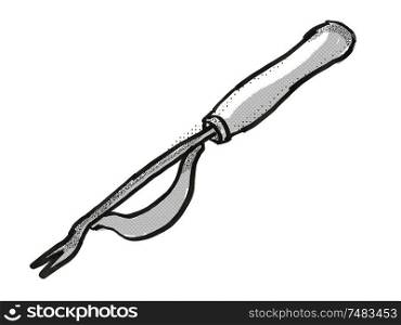 Retro cartoon style drawing of a hand weeder , a garden or gardening tool equipment on isolated white background done in black and white. Hand Weeder Cartoon Retro Drawing