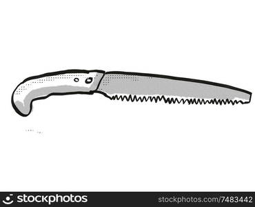 Retro cartoon style drawing of a Japanese pruning saw, a garden or gardening tool equipment on isolated white background done in black and white. Japanese pruning saw Garden Tool Cartoon Retro Drawing