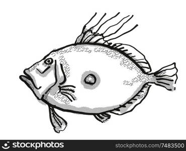 Retro cartoon style drawing of a King Dory, a native New Zealand marine life species viewed from side on isolated white background done in black and white. King Dory New Zealand Fish Cartoon Retro Drawing