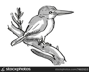 Retro cartoon style drawing of a kingfisher, a New Zealand bird on isolated white background done in black and white. kingfisher New Zealand Bird Cartoon Retro Drawing