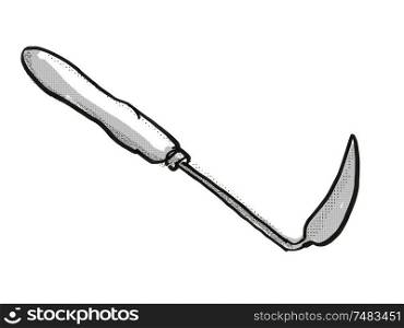 Retro cartoon style drawing of a Korean hand hoe , a garden or gardening tool equipment on isolated white background done in black and white. Korean hand hoe Garden Tool Cartoon Retro Drawing