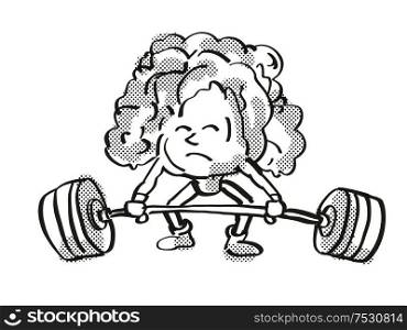 Retro cartoon style drawing of a Lettuce, a healthy vegetable lifting a barbell on isolated white background done in black and white. Lettuce Healthy Vegetable Lifting Barbell Cartoon Retro Drawing