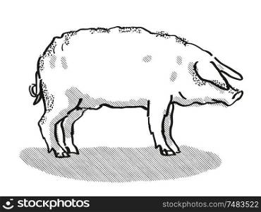 Retro cartoon style drawing of a Mangalitza sow or boar, a pig breed viewed from side on isolated white background done in black and white. Mangalitza Pig Breed Cartoon Retro Drawing