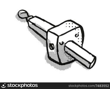 Retro cartoon style drawing of a mortise gauge , a woodworking hand tool on isolated white background done in black and white. mortise gauge Woodworking Hand Tool Cartoon Retro Drawing