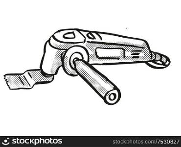 Retro cartoon style drawing of a Multi Function Tool, a power tool or equipment on isolated background done in black and white.. Multi Function Tool Power Tool Equipment Cartoon Retro Drawing