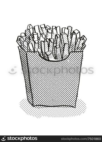 Retro cartoon style drawing of a packet of small French fries on isolated white background done in black and white. packet of small French fries Cartoon Retro Drawing