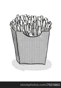 Retro cartoon style drawing of a packet of small French fries on isolated white background done in black and white. packet of small French fries Cartoon Retro Drawing