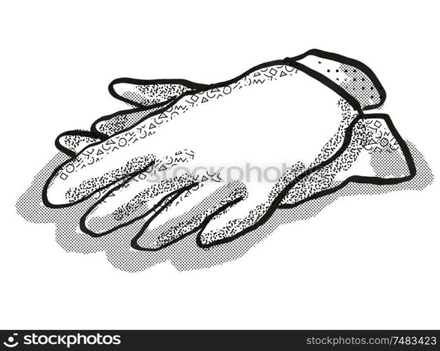 Retro cartoon style drawing of a pair of gardening gloves on isolated white background done in black and white. gardening gloves Garden Tool Cartoon Retro Drawing