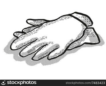 Retro cartoon style drawing of a pair of gardening gloves on isolated white background done in black and white. gardening gloves Garden Tool Cartoon Retro Drawing