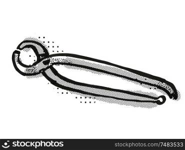 Retro cartoon style drawing of a pair of pincers , a woodworking hand tool on isolated white background done in black and white. pincers Woodworking Hand Tool Cartoon Retro Drawing