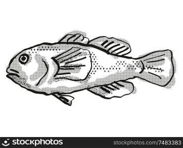 Retro cartoon style drawing of a Plain Coralgoby , a native Australian marine life species viewed from side on isolated white background done in black and white.. Plain Coralgoby Australian Fish Cartoon Retro Drawing