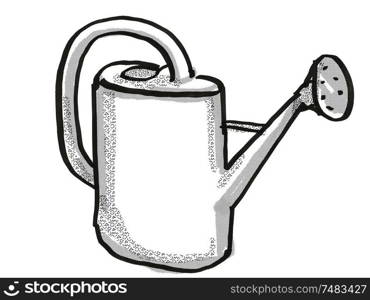 Retro cartoon style drawing of a plastic water or watering can, a garden or gardening tool equipment on isolated white background done in black and white. plastic watering can Garden Tool Cartoon Retro Drawing