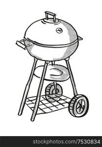 Retro cartoon style drawing of a Portable Barbecue Charcoal Grill on isolated white background done in black and white.. Portable Barbecue Charcoal Grill Cartoon Retro Drawing
