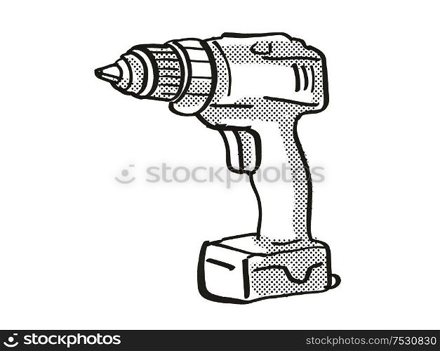 Retro cartoon style drawing of a Portable Hand Drill, a power tool or equipment on isolated white background done in black and white.. Portable Hand Drill Power Tool Equipment Cartoon Retro Drawing