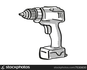 Retro cartoon style drawing of a Portable Hand Drill, a power tool or equipment on isolated white background done in black and white.. Portable Hand Drill Power Tool Equipment Cartoon Retro Drawing