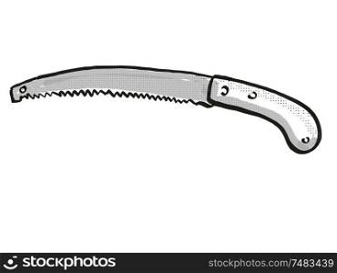 Retro cartoon style drawing of a pruning saw, a garden or gardening tool equipment on isolated white background done in black and white. pruning saw Garden Tool Cartoon Retro Drawing