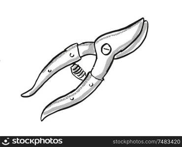 Retro cartoon style drawing of a Pruning shear also called hand pruners or secateurs, a garden or gardening tool equipment on isolated white background done in black and white. Secateurs Garden Tool Cartoon Retro Drawing