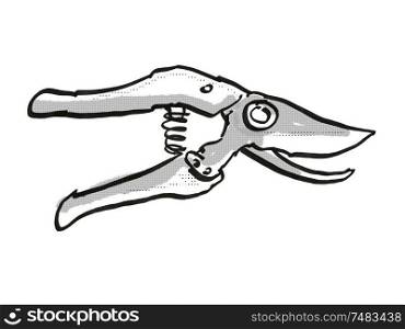 Retro cartoon style drawing of a Pruning shear also called hand pruners or secateurs, a garden or gardening tool equipment on isolated white background done in black and white. Secateurs Garden Tool Cartoon Retro Drawing