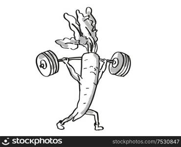 Retro cartoon style drawing of a Radish, a healthy vegetable lifting a barbell on isolated white background done in black and white.. Radish Healthy Vegetable Lifting Barbell Cartoon Retro Drawing