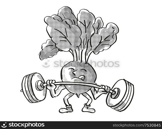 Retro cartoon style drawing of a Red Radish, a healthy vegetable lifting a barbell on isolated white background done in black and white.. Red Radish Healthy Vegetable Lifting Barbell Cartoon Retro Drawing
