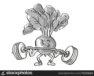 Retro cartoon style drawing of a Red Radish, a healthy vegetable lifting a barbell on isolated white background done in black and white.. Red Radish Healthy Vegetable Lifting Barbell Cartoon Retro Drawing