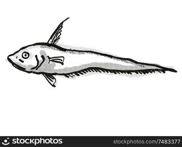 Retro cartoon style drawing of a Smallpore Whiptail , a native Australian marine life species viewed from side on isolated white background done in black and white.. Smallpore Whiptail Australian Fish Cartoon Retro Drawing