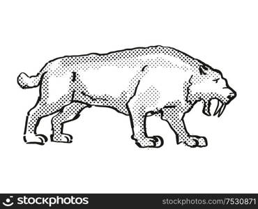 Retro cartoon style drawing of a Smilidon Populator, an extinct North American wildlife species on isolated background done in black and white full body.. Smilidon Populator Extinct North American Wildlife Cartoon Drawing