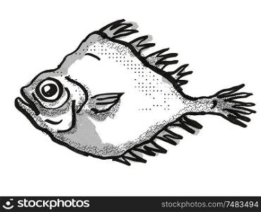 Retro cartoon style drawing of a smooth oreo or smooth dory, a native New Zealand marine life species viewed from side on isolated white background done in black and white. smooth oreo New Zealand Fish Cartoon Retro Drawing