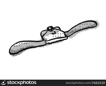 Retro cartoon style drawing of a spokeshave , a woodworking hand tool on isolated white background done in black and white. spokeshave Woodworking hand Tool Cartoon Retro Drawing