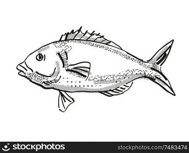 Retro cartoon style drawing of a tarakihi, a native New Zealand marine life species viewed from side on isolated white background done in black and white. Tarakihi New Zealand Fish Cartoon Retro Drawing