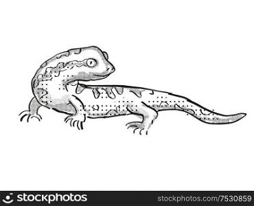 Retro cartoon style drawing of a Tautuku gecko , a native New Zealand wildlife on isolated white background done in black and white. Tautuku gecko New Zealand Wildlife Cartoon Retro Drawing