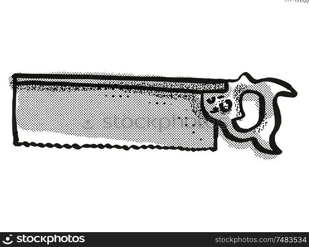Retro cartoon style drawing of a tenon saw , a woodworking hand tool on isolated white background done in black and white. tenon saw Woodworking Hand Tool Cartoon Retro Drawing