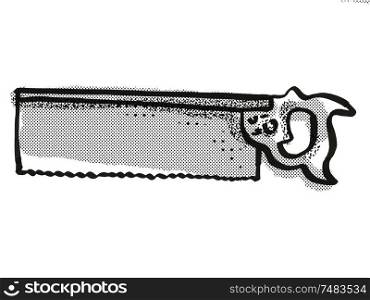 Retro cartoon style drawing of a tenon saw , a woodworking hand tool on isolated white background done in black and white. tenon saw Woodworking Hand Tool Cartoon Retro Drawing