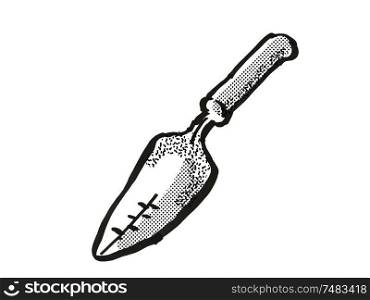 Retro cartoon style drawing of a transplanting trowel, a garden or gardening tool equipment on isolated white background done in black and white. Transplanting Trowel Garden Tool Cartoon Retro Drawing