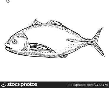Retro cartoon style drawing of a trevally, a native New Zealand marine life species viewed from side on isolated white background done in black and white. Trevally New Zealand Fish Cartoon Retro Drawing