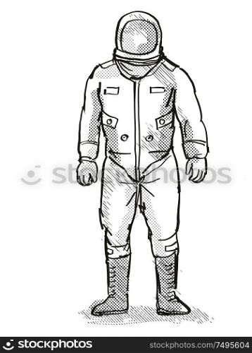 Retro cartoon style drawing of a vintage astronaut or spaceman wearing spacesuit viewed from front on isolated white background done with half-tone dots in black and white.. Vintage Astronaut or Spaceman Cartoon Retro Drawing