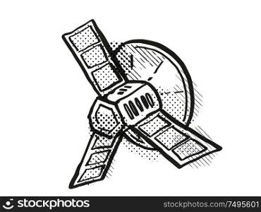 Retro cartoon style drawing of a vintage spaceprobe or space satellite on isolated white background done with half-tone dots in black and white.. Vintage Spaceprobe or Satellite Cartoon Retro Drawing