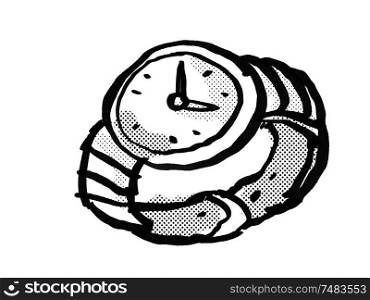 Retro cartoon style drawing of a vintage wristwatch or wrist watch on isolated white background done in black and white. Vintage Wristwatch Cartoon Drawing