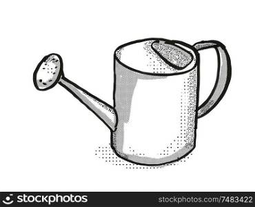 Retro cartoon style drawing of a water or watering can, a garden or gardening tool equipment on isolated white background done in black and white. watering can Garden Tool Cartoon Retro Drawing