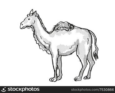 Retro cartoon style drawing of a Western Camel, an extinct North American wildlife species on isolated background done in black and white full body.. Western Camel Extinct North American Wildlife Cartoon Drawing