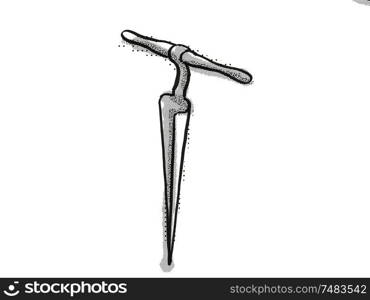 Retro cartoon style drawing of a wheelwright&rsquo;s reamer , a woodworking hand tool on isolated white background done in black and white. wheelwright&rsquo;s reamer Woodworking Hand Tool Cartoon Retro Drawing