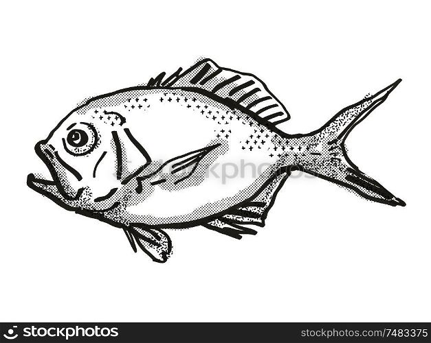 Retro cartoon style drawing of a Yelloweye Redfish , a native Australian marine life species viewed from side on isolated white background done in black and white. . Yelloweye Redfish Australian Fish Cartoon Retro Drawing