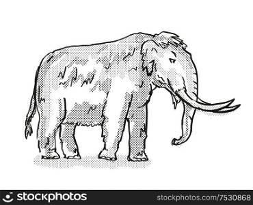 Retro cartoon style drawing of an American Mastodon, an extinct North American wildlife species on isolated background done in black and white full body.. American Mastodon Extinct North American Wildlife Cartoon Drawing