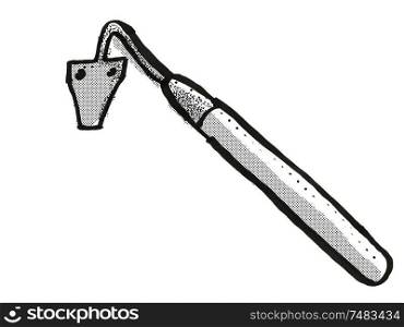 Retro cartoon style drawing of an Amish sickle bar garden hoe, a garden or gardening tool equipment on isolated white background done in black and white. Amish sickle bar garden hoe Garden Tool Cartoon Retro Drawing