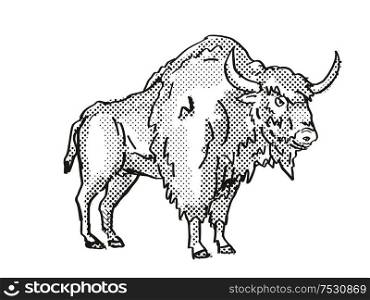 Retro cartoon style drawing of an Ancient Bison, an extinct North American wildlife species on isolated background done in black and white full body.. Ancient Bison Extinct North American Wildlife Cartoon Drawing