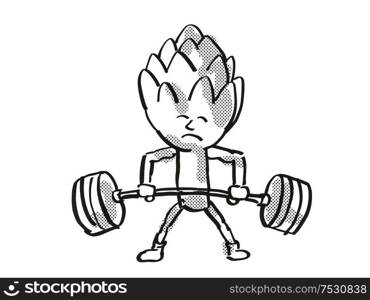 Retro cartoon style drawing of an Artichoke, French artichoke or green artichoke, a healthy vegetable lifting a barbell on isolated white background done in black and white.. Artichoke Healthy Vegetable Lifting Barbell Cartoon Retro Drawing