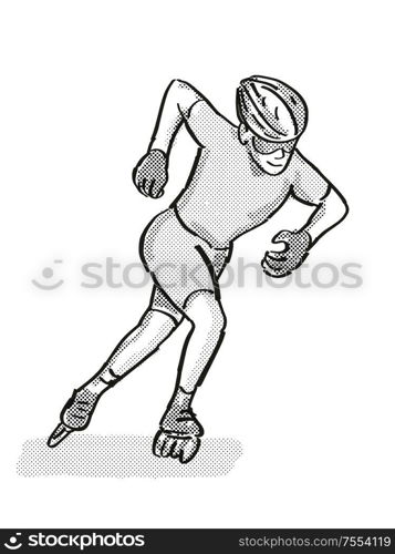 Retro cartoon style drawing of an athlete skater inline speed skating on isolated background done in black and white. athlete skater inline speed skating Cartoon Retro Drawing