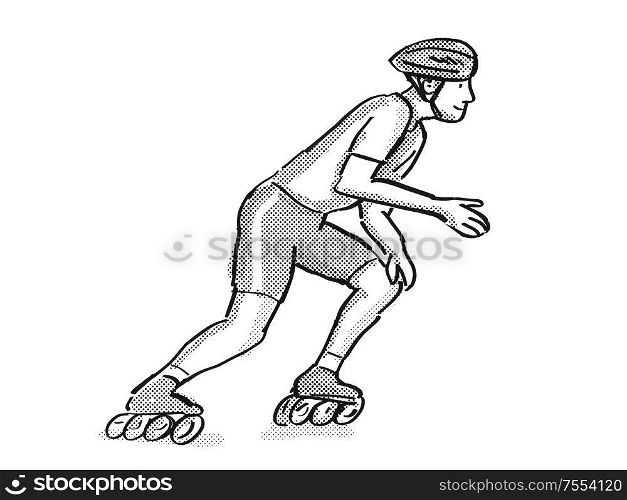Retro cartoon style drawing of an athlete skater inline speed skating on isolated background done in black and white. athlete skater inline speed skating Cartoon Retro Drawing